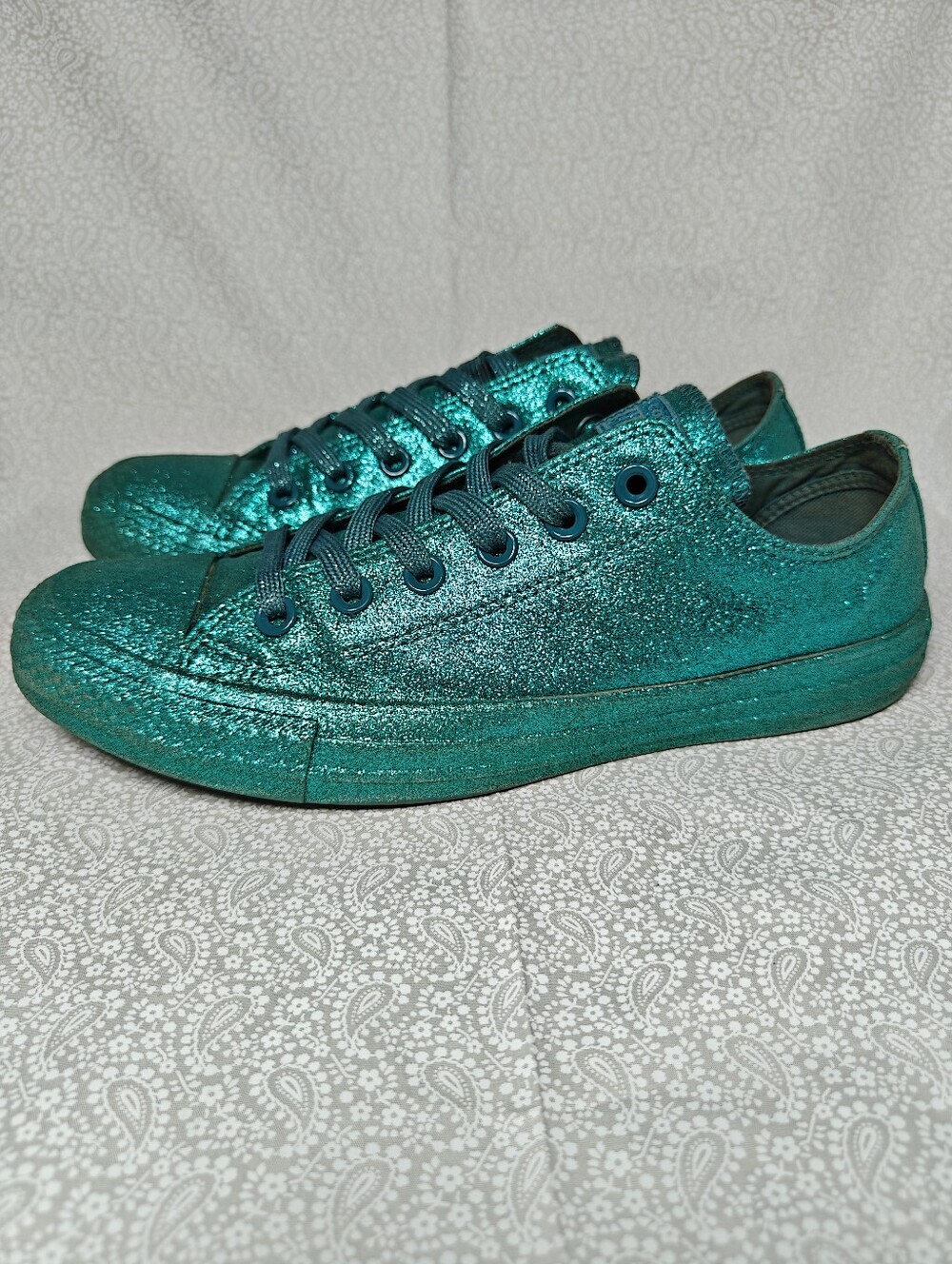 Converse All Star Low Brittany Teal Glitter Lace Up Shoes Unisex Women's 9 Men 7